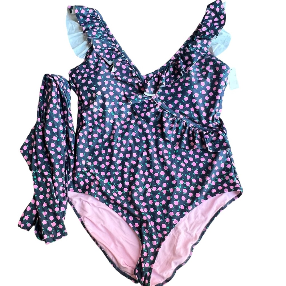 aerie Navy One-Piece Swimsuit with Pink Dot Ruffle Detail